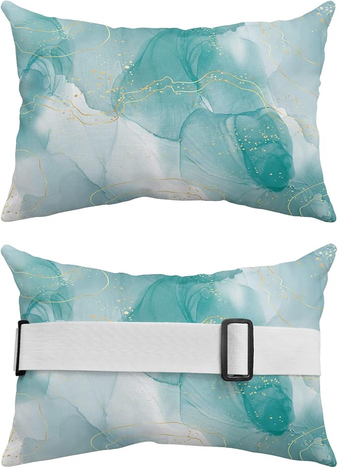 Marble Aqua Outdoor Beach Chair Pillow Headrest for Chaise Lounge Chair,Aesthetics Abstract Ombre Minimalist Art Recliner Head Pillow Waterproof Pillowcases with Elastic Stripes & Inserts 11x16,2 Pcs
