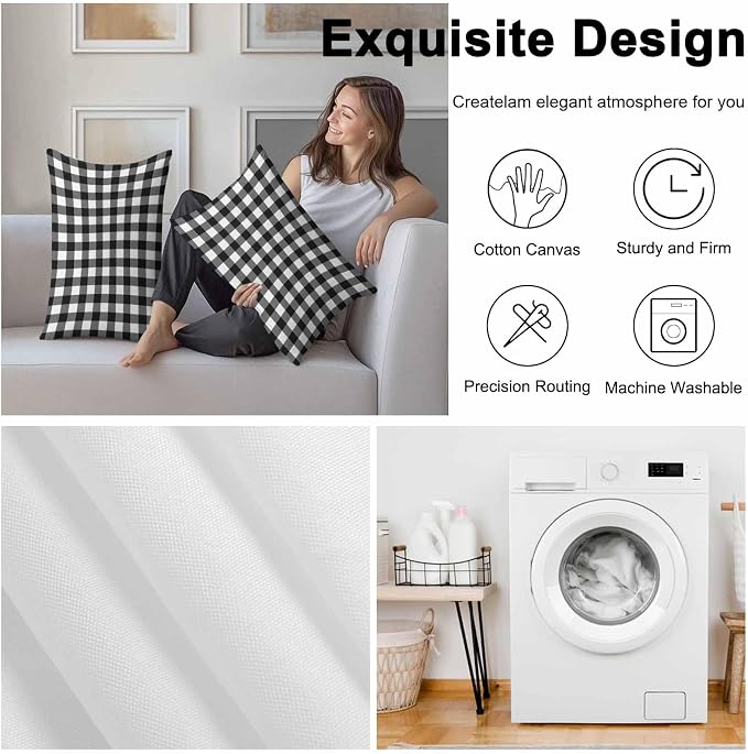 Outdoor Waterproof Throw Pillow Covers Set of 2 Black White Buffalo Plaid Lumbar Pillowcases 20x12 Inches Pastoral Checked Decorative Pillows Cushion Case Patio Pillows for Couch Bed Chair Garden