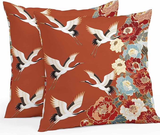 Japanese Style Outdoor Pillow Covers 16x16 Inch Throw Pillow Covers Set of 2 Waterproof Decorative Pillow Cases Red Farmhouse Botanical Peony Birds Cushion Covers for Patio Furniture Garden Couch Sofa