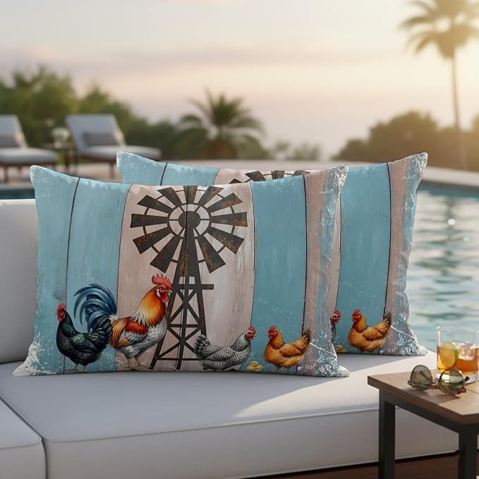 Rooster Hen Outdoor Pillow Covers 20"x12" Set of 2, Rustic Windmill Farmhouse Animal Wood Striped Country Waterproof Throw Pillow Covers for Patio Furniture, Decorative Cushion Covers for Porch