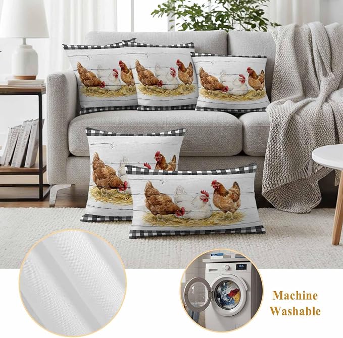 Farmhouse Rooster Outdoor Waterproof Pillow Covers, Farm Chicken Animals Retro Grey Wooden Decorative Rectangle Throw Pillowcase Sofa Cushion Sham for Patio/Couch/Chair, 20"x12" 2 Pack