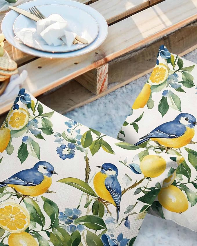 Outdoor Throw Pillow Covers Waterproof Pillow Cases 24x24In, Watercolor Lemon Bird Decorative Pillow Covers Cushion Cases for Couch Sofa Patio Garden,2 Pack Vintage Spring Blue Flower Foliage
