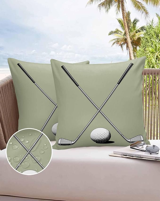 Vandarllin Outdoor Throw Pillows Covers 20x20 inch Set of 2 Waterproof Golf Ball Club Decorative Zippered Cushion Covers for Patio Furniture, Game Sports Sage Green Lumbar Pillowcases