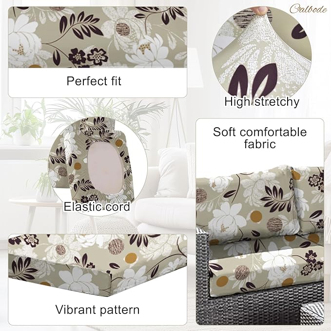 CALBODE 12 Pcs Waterproof Patio Cushion Covers, Floral Printed Stretch Outdoor Sofa Cover for Patio Furniture, Washable Chair Covers Reusable Furniture Protector (Brown,Cushions Not Included)