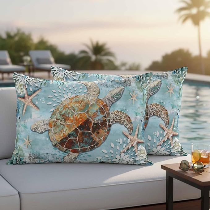 Ocean Turtle Outdoor Waterproof Throw Pillow Covers Set of 2, 20"x12", Retro Blue Nautical Starfish Sealife Decorative Pillow Covers Outside Cushion Case for Patio Porch Garden