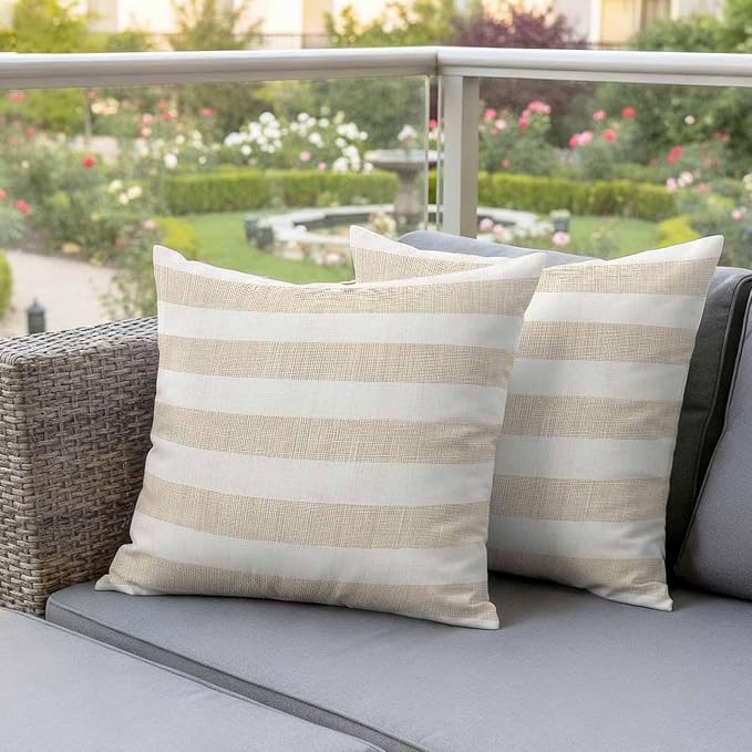 Waterproof Pillow Covers Set of 2,Vintage Yellow Stripe on Linen Outdoor Pillow Protectors with Zipper Pillowcases for Patio Tent Garden Beach 20x20 Inches Farmhouse Line