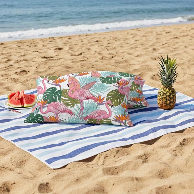 Pink Flamingos Outdoor Pillow Covers 20"x12" Set of 2, Watercolor Monstera Leaf Green Tropical Plant Waterproof Throw Pillow Covers for Patio Furniture, Decorative Cushion Covers for Porch
