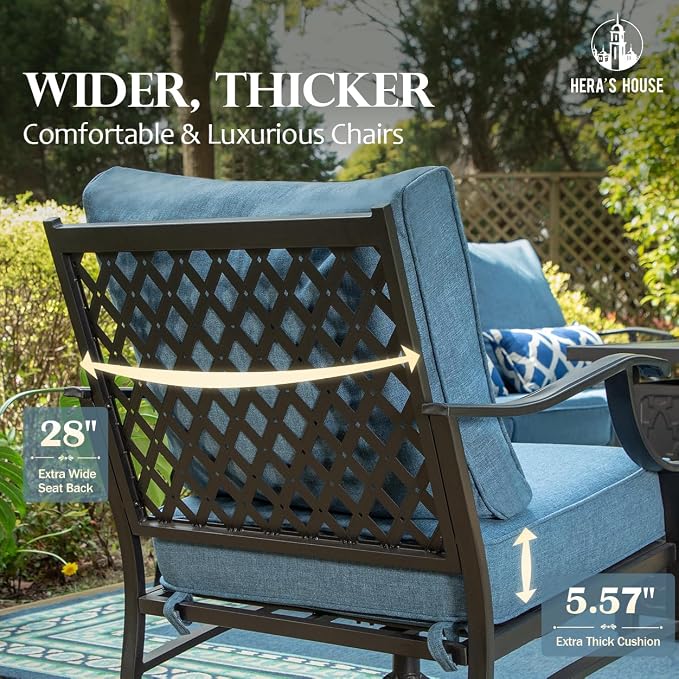 HERA'S HOUSE 5 Piece Patio Furniture Set, 2 x Leg Chair, 2 x Ottoman, 1 x 3-Seat Sofa, All Cushioned 7 Seats Metal Outdoor Conversation Set for Lawn Garden Backyard