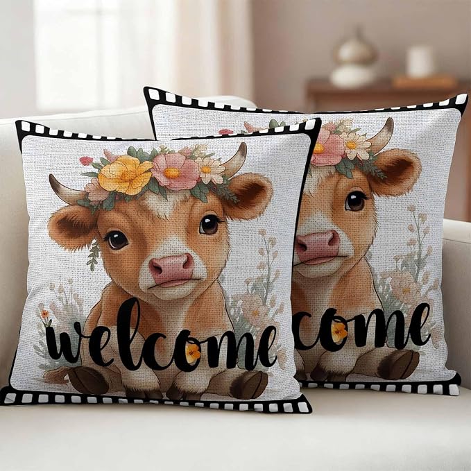 Funny Cow Outdoor Pillow Covers 24x24 Inch Throw Pillow Covers Set of 2 Waterproof Decorative Pillow Cases Cute Animal Flowers Wreath Welcome Text Black Gray Cushion Covers for Patio Furniture Garden