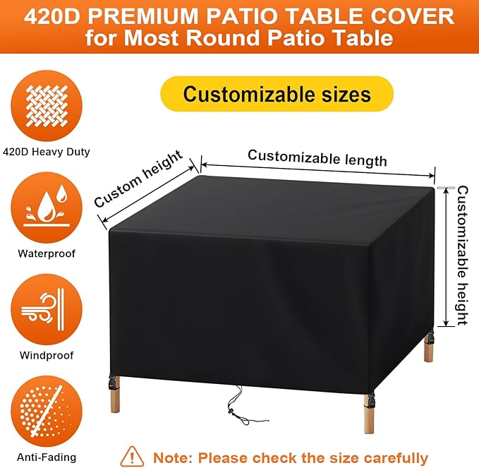 Patio Furniture Cover Rectangle 68"(L) x 44"(W) x 36"(H), Custom Heavy Duty 420D Waterproof Outdoor Cover with Drawstring & Buckles for Table Chair Garden, Black