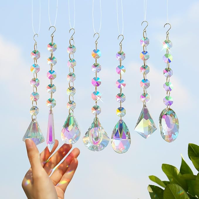 Sun Catchers for Windows Hanging, 7 Pcs Colored Crystals Suncatchers Prisms Glass Pendant Ornament for Chandelier Garden Home Room Decoration