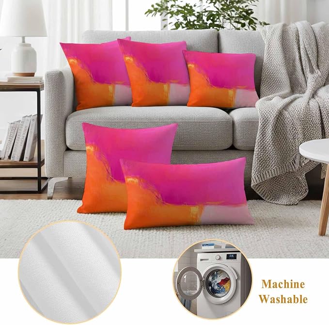 Waterproof Pillow Covers Set of 2 16x16 Inch Abstract Ombre Orange Pink Outdoor Cushion Covers Oil Painting Decorative Pillow Cases for Patio, Sofa, Couch, Garden, Balcony