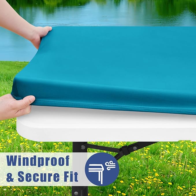 Moosfor Spandex 6 Foot Rectangle Table Cloth 2 Pack, Elastic Fitted Tablecloths for Picnic, Stretch Washable Patio Table Cover for Outdoor, Camping, Banquet and Parties (Teal, 36"x72")
