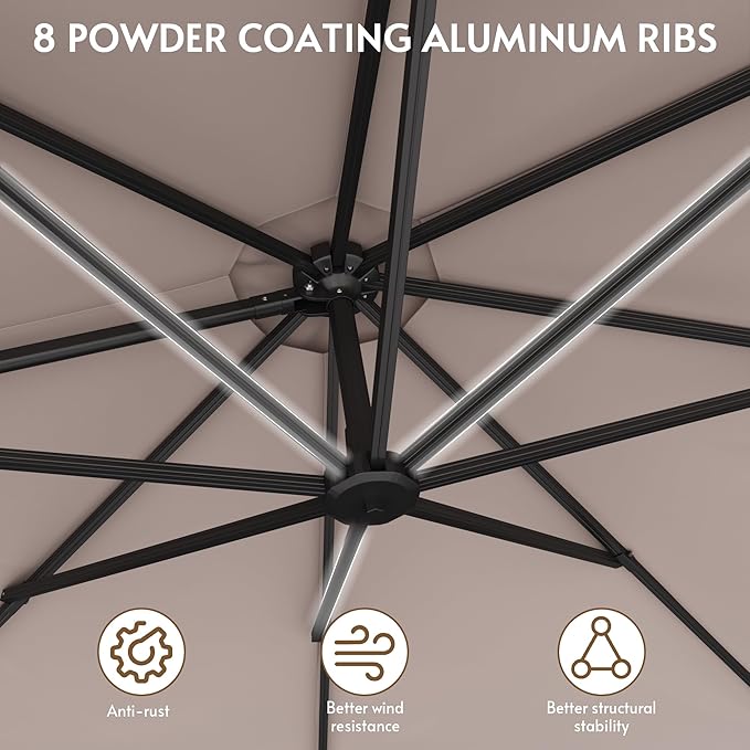 12FT Solar Powered LED Light Cantilever Patio Umbrella with Base Included, Large Cantilever Umbrella with 360°Rotation, Heavy-Duty Offset Outdoor Umbrella for Patio,Pool,Backyard (Champagne)