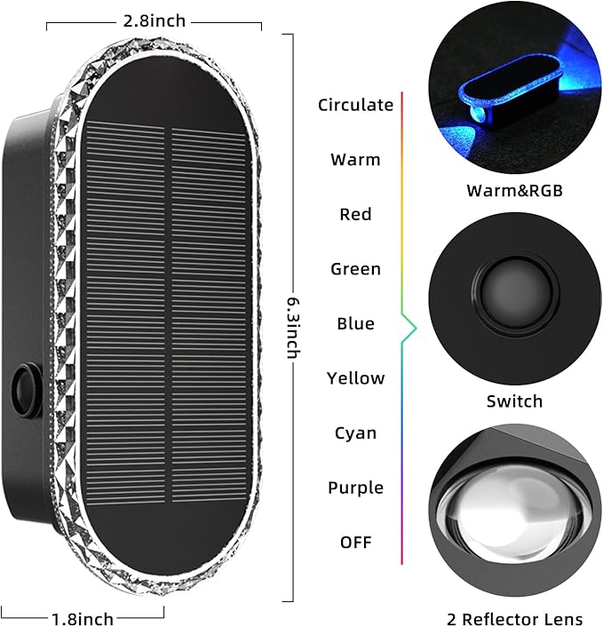 Herzila 6 Pack Solar Fence Lights Outdoor, RGBW Solar Wall Lights 8-Color IP65 Waterproof Top and Bottom Lighting Solar Powered for Garden/Pool Cage/Patio/Wall (2 Installation Modes)