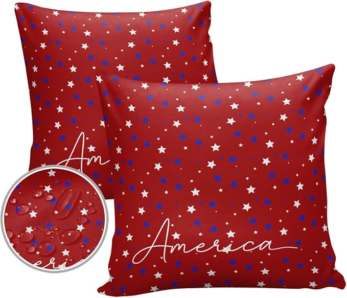Pentagram Outdoor Pillow Shams Set of 2, Decorative Pillowcases Cushion Case, Soft Throw Pillow Covers Waterproof Pillow Case 16x16 Inch, American Patriotic Stars Red Blue