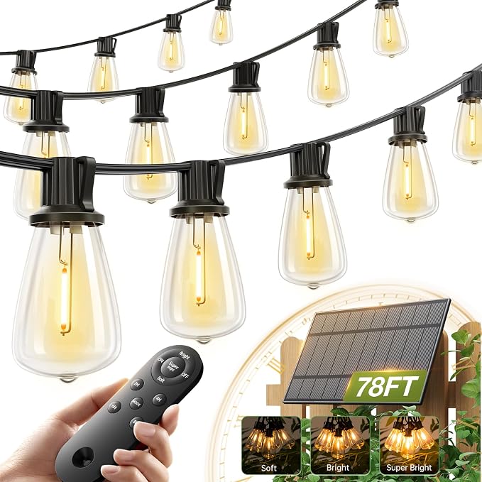 addlon 72FT Solar String Lights Waterproof with Remote & USB, Patio Lights | Solar Powered with Dimmable LED Shatterproof Bulbs, Outdoor Lighting for Camping Backyard Garden