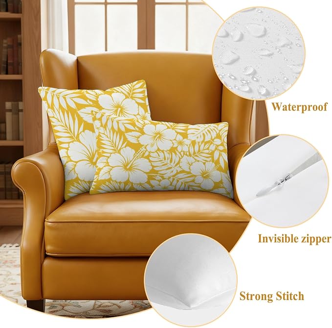 Yellow Hibiscus Flowers Waterproof Outdoor Pillow Covers Set of 2 Home Decor, Tropical Monstera Leaves Pillowcase Patio Pillow Covers for Couch Bench Patio Furniture Garden 16x16in