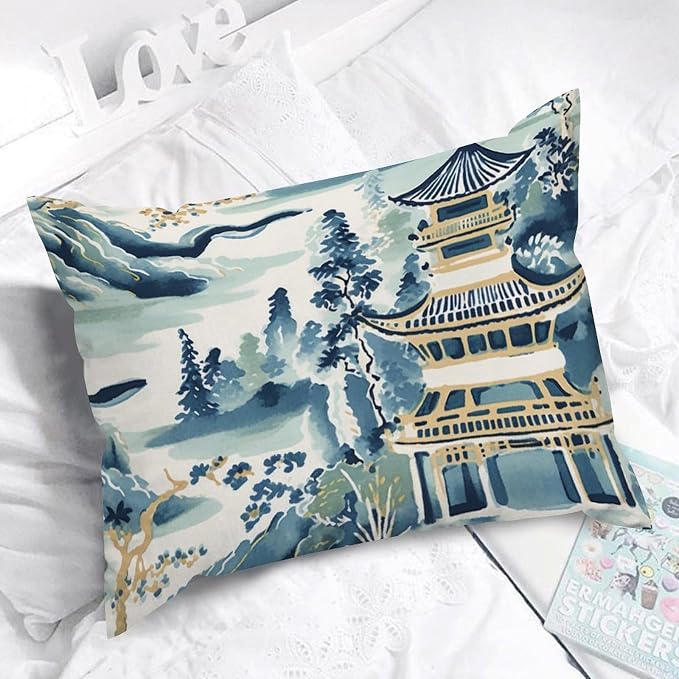 Lumbar Support Pillow Case Blue and White Chinoiserie Pagoda Asian Pillow Case Abstract Ming Rain Chinoiserie Pillow Cover Accent Decorative Cushion Cases Home Decor for Home Sofa 20x26in