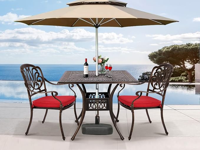 Grepatio 3 Piece Bistro Set Outdoor Cast Aluminum Patio Dining Set Table and Chairs Outside Bistro Furniture 2 Chairs and 1 Umbrella Table for Lawn Garden (Red)