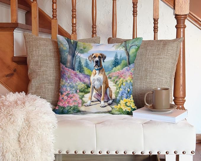 Caroline's Treasures Great Dane Spring Path Throw Pillow Machine Washable, Indoor Outdoor Decorative Pillow for Couch, Bed or Patio, 14Hx14W