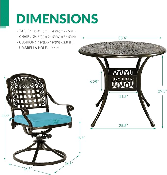 VIVIJASON 3-Piece Patio Bistro Set, Outdoor All-Weather Cast Aluminum Furniture Dining Set, Include 2 Swivel Chairs and 34.5" Round Table w/Umbrella Hole for Balcony, Lawn, Garden (Ocean Blue Cushion)