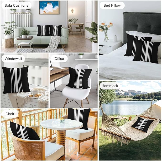 Black White Stripe Outdoor Pillow Covers 24x24 Inch Throw Pillow Covers Set of 2 Waterproof Decorative Pillow Cases Modern Rustic Vertical Striped Cushion Covers for Patio Furniture Garden Couch Sofa