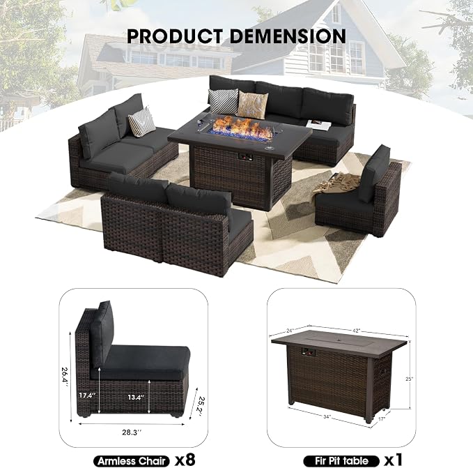 Patio Furniture Set Fire Pit Table 9 Piece All Weather PE Rattan Outdoor Sectional Sofa Couch with 8 x armless Sofa, No-Slip Cushions for Garden, Poolside, Backyard (Black)