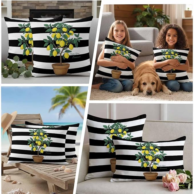 Outdoor Waterproof Throw Pillow Covers, Summer Lemon Decorative Pillow Cases, Black White Striped Potted Plant Couch Pillow Protector Patio Sofa Cushion Covers Replacement 18"x18" 2 Pack