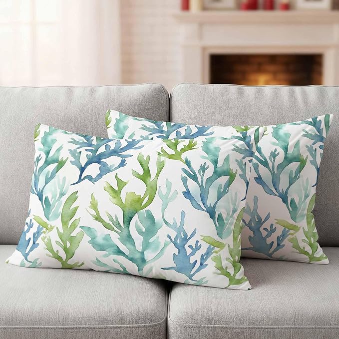 JasmineM Outdoor Pillow Cover 12x20 Inches Set of 2 Blue Teal Coral Waterproof Throw Pillow Covers Watercolor Green Decorative Pillowcases Garden Cushion Case for Patio Couch Sofa