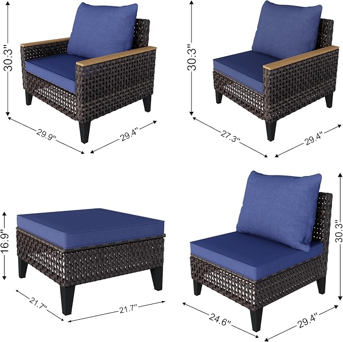 7-Piece Outdoor Patio Furniture Set, Wicker Conversation Set with Armchairs and Ottomans, Rattan Sectional Modular Sofa Couches for Porch, Poolside, Deck, Balcony, Backyard, Yard (Blue Cushions)