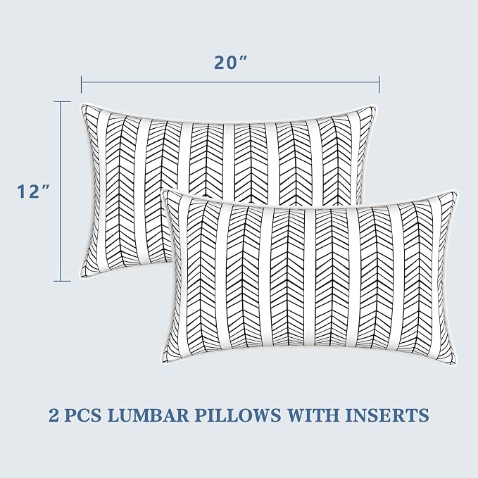 LVTXIII Set of 2 Outdoor Lumbar Pillows for Patio Furniture with White Piping, 12"x20" Fade Resistant Patio Lumbar Pillows with Inserts for Home Coach Sofa Use, Herringbone Black White