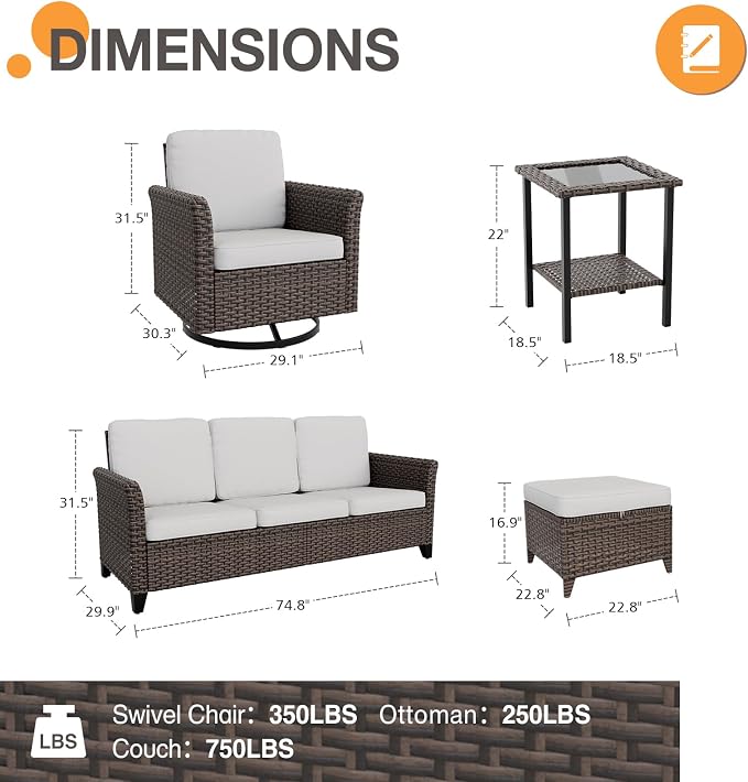 COOS BAY Harbor Retreat 6 Piece Outdoor Furniture Set, Patio Conversation Set with Swivel Rocking Chairs, 3 Seat Couch, Side Table and Ottomans, Wicker Furniture, Brown/Beige