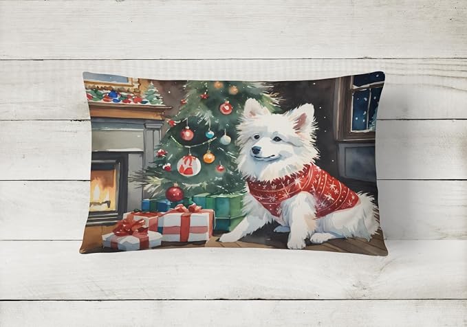 Caroline's Treasures DAC2595PW1216 American Eskimo Cozy Christmas Throw Pillow Machine Washable, Indoor Outdoor Decorative Pillow for Couch, Bed or Patio, 12HX16W