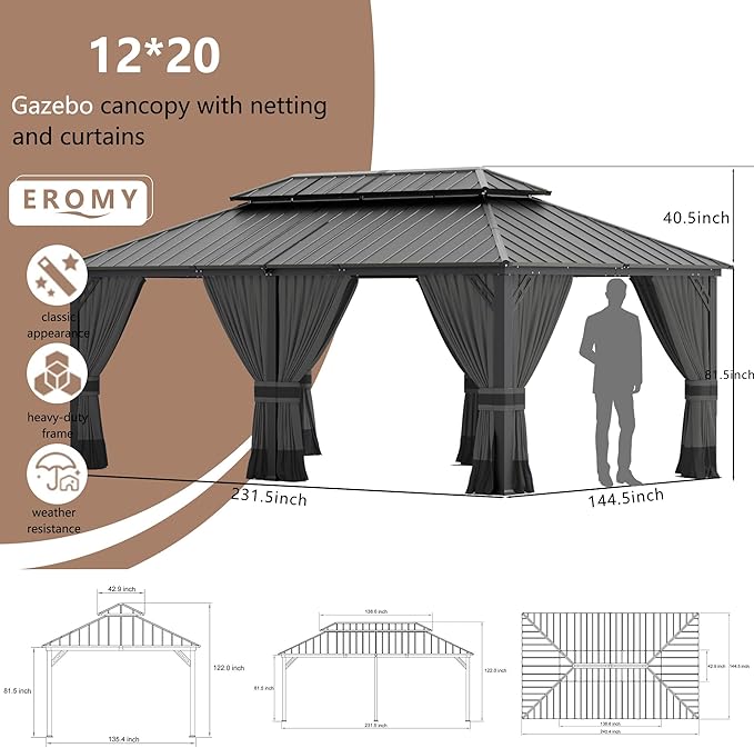 12' x 20' Hardtop Gazebo,Outdoor Permanent Pavilion Double Galvanized Steel Roof Pergola with Nettings and Curtains,Patio Sunshade Gazebos for Patio Lawns Backyard Deck,Grey