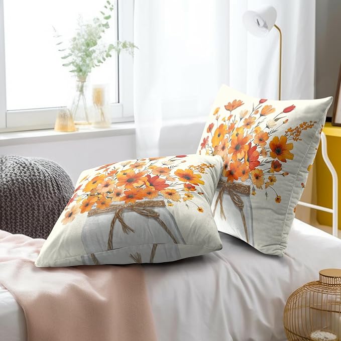 Autumn Flower Throw Pillow Covers 16 x 16 Inches Set of 2,Watercolor Orange Floral Jar Fall Seasonal Pillowcase Square Cushion Cover for Home Living Room Bed Sofa Car