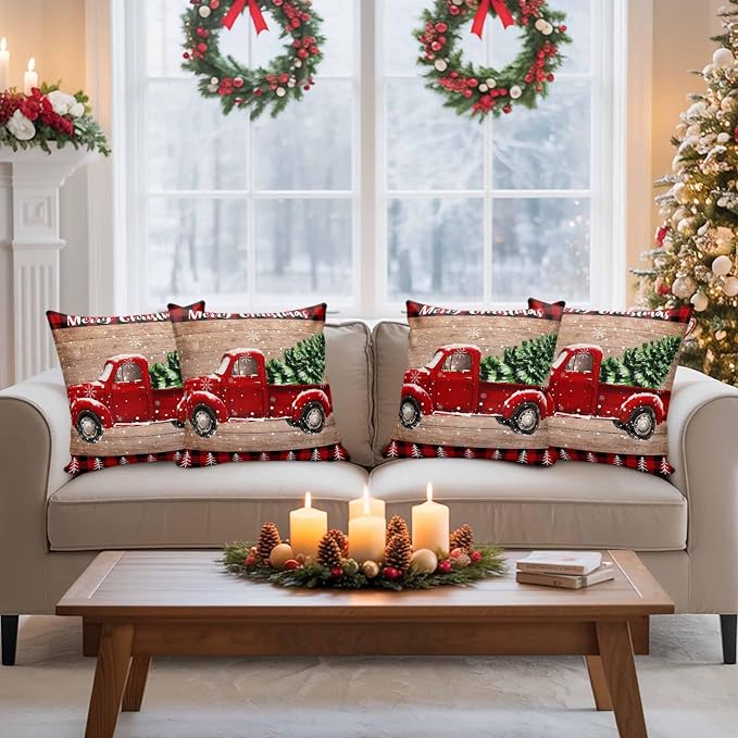 YOKOU Outdoor Throw Pillow Covers, Merry Christmas Truck Tree Vintage Board Wood Grain Buffalo Check Waterproof Pillowcases Cushion Covers Cases for Patio Couch Bench, Pack of 2 Square, 18"X18"
