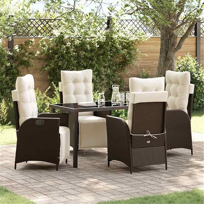 Afuera Living 5 Piece Poly Rattan Garden Dining Set, Brown Finish, Cushioned Seats with Polyester Pads, Adjustable Footrests, Rectangular Table with Tempered Glass, Modern Outdoor Patio Furniture for