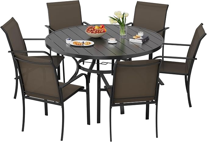 Incbruce 7 PCS Patio Dining Set, Outdoor Dining Set of 6 Textilene Chairs and 53" Round Table with Umbrella Hole for Backyard, Garden, and Poolside (Brown)