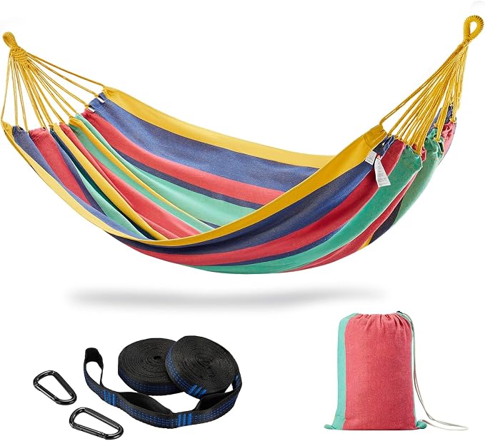 CHULIM Brazilian Double Hammock with Tree Straps,Extra Large 94x63IN,2 Persons Hammock for Backyard Patio Outdoor and Indoor,450lbs Weight Capacity,Soft Woven Cotton Fabric - Aqua Bule Stripe
