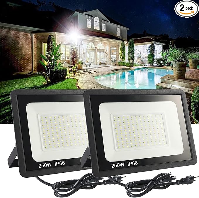 2Pack LED Flood Light Outdoor,250W LED Work Light 25500lm with 6FT US Plug,IP66 Waterproof Exterior Security Lights,6000K Daylight White Outside Floodlights Slim Design for Playground Yard