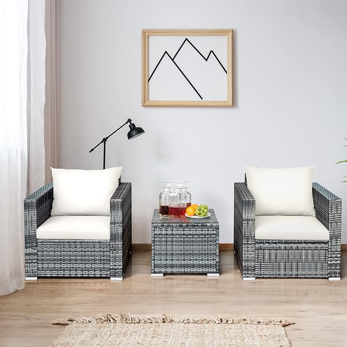COSTWAY 3-Piece Patio Furniture Set, Outdoor Wicker Rattan Sofa with Cushions and Coffee Table, Conversation Chair Set for Poolside Backyard Balcony Lawn (White)