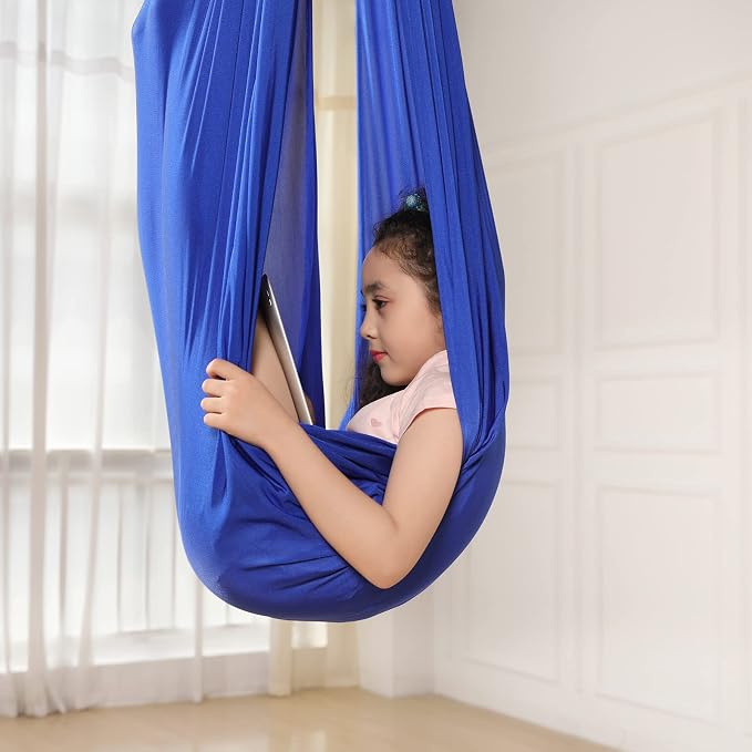 Kids Sensory Therapy Swing Hammock Children's Swing Hammock Indoor Elastic Cuddle Pod Swing for Autism Boys Girls with ADHD SPD Asperger's Sensory Integration Special Needs (Blue)