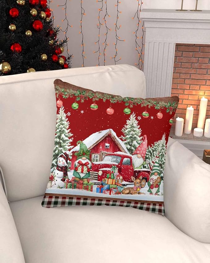 Red Christmas Throw Pillow Covers 18x18 Inch Set of 2, Truck Elk Xmas Tree Snowflake Ball Winter Gnomes Waterproof Outdoor Cushion Covers, Decorative Pillowcases for Couch, Sofa, Bed, Garden, Patio