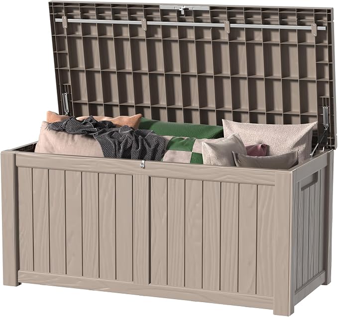 150 Gallon Outdoor Storage Box Waterproof, Large Deck Box Durable Resin Storage Bin with Lid for Patio Furniture Cushions Garden Tools (Gray, 150 Gallon)