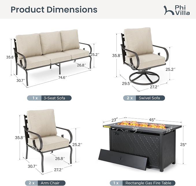 PHI VILLA Patio Furniture Set, 3-Seater Sofa, 2 Fixed Chairs, 2 Swivel Chairs and a 45" Fire Pit Table, Outdoor Metal Conversation Set with 5.75" Extra Thick Cushion for Garden Backyard Deck, Beige