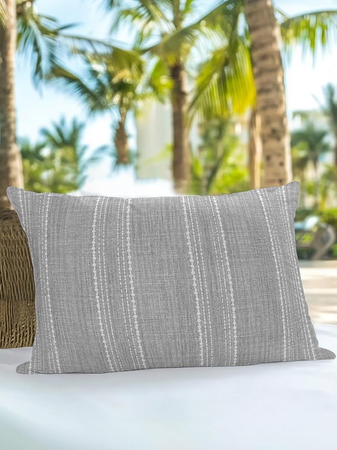 Vandarllin Waterproof Outdoor Pillow 1 Pack Gray Linen Stripes Decorative Throw Pillows Cover & Insert 20x12 Inch Lumbar Pillowcase Parallel Vertical Lines Pillows for Couch Sofa Bed Patio Furniture