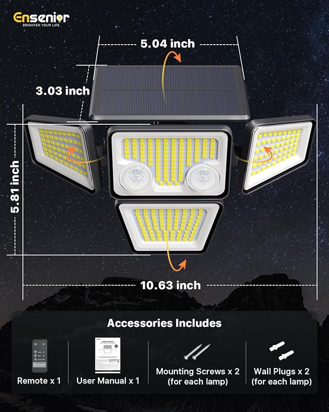 Ensenior Solar Lights Outdoor 2600LM, Motion Sensor Outdoor Light with Remote Control, IP65 Waterproof 279 LED 4 Heads Solar Security Light with 4 Mode, 270° Wide Angle Solar Flood Light, 2 Packs