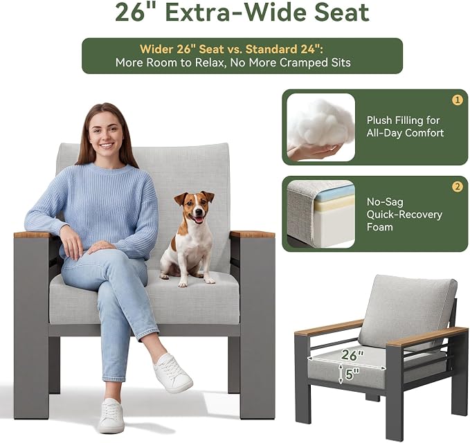 Aoxun Patio Furniture Set, 7 Piece Aluminum Patio Sets with 5" Thicken & Washable Cushion, Waterproof Outdoor Furniture with Coffee Table, Outdoor Couch Sectional for Backyard, Porch and Garden
