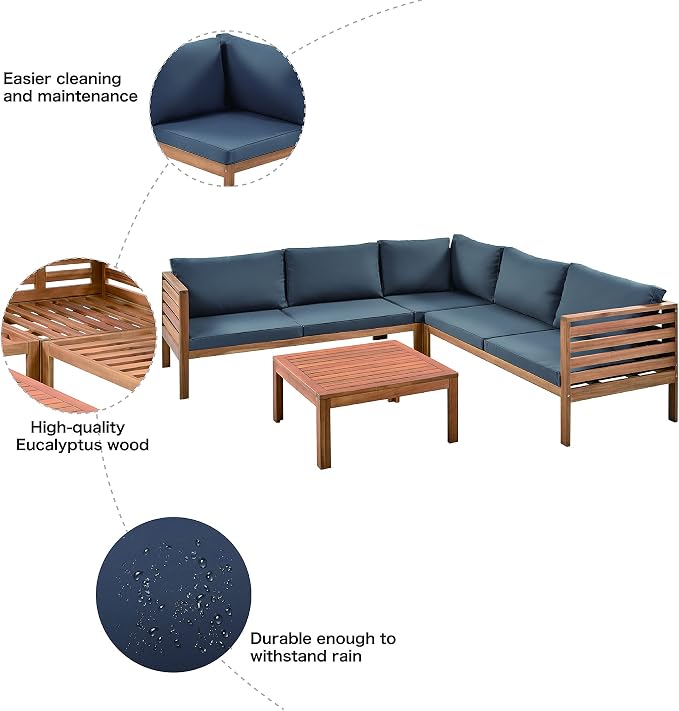 4 Piece Outdoor Patio Sectional Sofa w/Comfort Seat Cushions, All Weather Acacia Wood Patio Sectional Conversation Seat with Plus Coffee Table and Strong Metal Accessories, Water-resistant (Grey+AC)